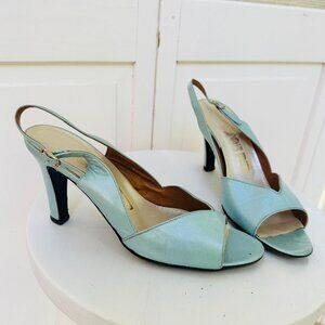 Vintage 1980s Shoe Biz Light Blue Iridescent Leather Slingback Peep Toe Heels 8